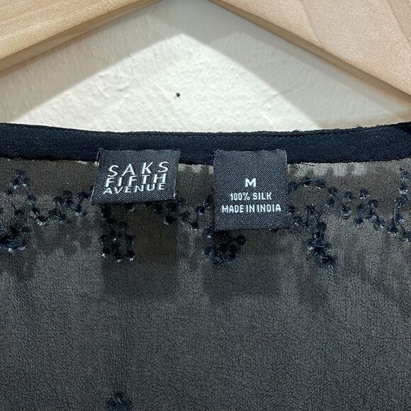 Saks Fifth Avenue 100% Silk Sheer Black Tunic Blouse With Beaded Trim - M - Picture 4 of 10